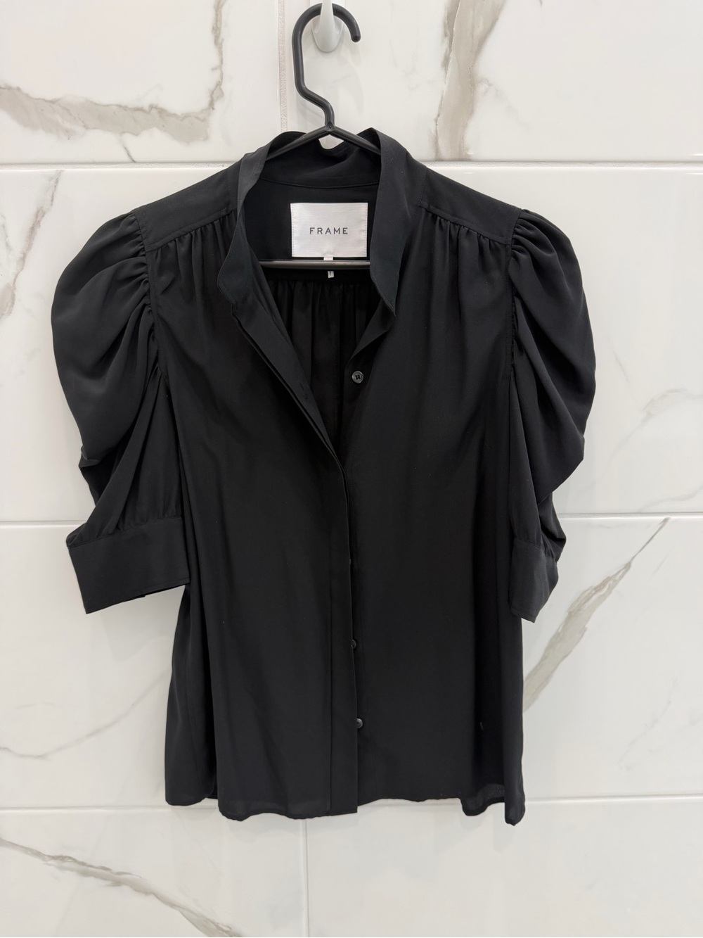 Frame Denim Black Puff Sleeve Button-Front Blouse